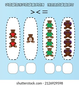 math problem: Greater, less, or equal. Count the number of cartoon colored bears and compare. Educational math game for children.