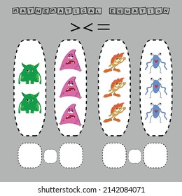 math problem: Greater, less, or equal. Count the number of cartoon colored monsters and compare. Educational math game for children.
