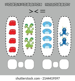math problem: Greater, less, or equal. Count the number of cartoon colored monsters and compare. Educational math game for children.
