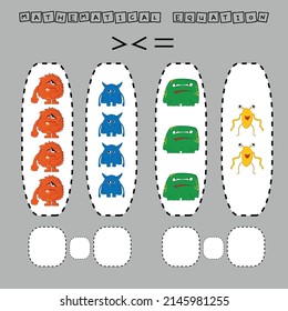 math problem: Greater, less, or equal. Count the number of cartoon colored monsters and compare. Educational math game for children.
