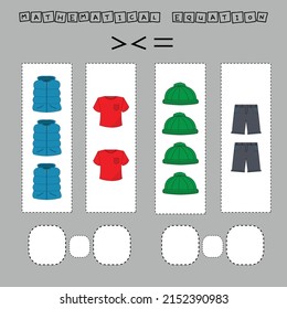 math problem: Greater, less, or equal. Count the number of  clothes and compare. Educational math game for children.