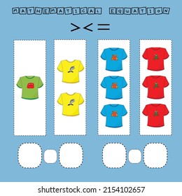 math problem: Greater, less, or equal. Count the number of  t-shirt and compare. Educational math game for children.