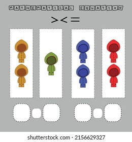 math problem: Greater, less, or equal. Count the number of  raincoat and compare. Educational math game for children.
