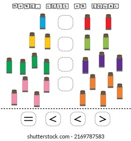 math problem: Greater, less, or equal. Count the number of tubes of paint and compare. Educational math game for children.

