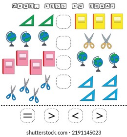 problema matemático: Mayor, menor o igual. Cuenta el número de escuelas de papelería de dibujos animados y compara. Juego educativo de matemáticas para niños.
