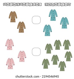 Math problem: greater, less, or equal. Count the number of cartoon colored coates and compare. Educational math game for children.