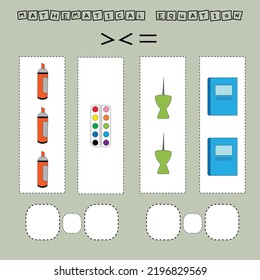 math problem: Greater, less, or equal. Count the number of cartoon stationery school and compare. Educational math game for children.
