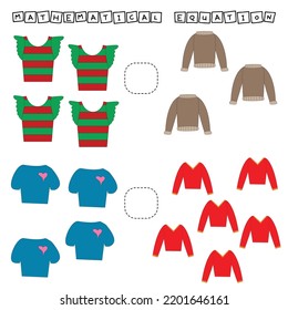 Math problem: greater, less, or equal. Count the number of cartoon colored clothesand compare. Educational math game for children.