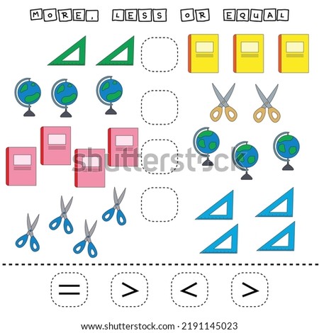 math problem: Greater, less, or equal. Count the number of cartoon stationery school and compare. Educational math game for children.
