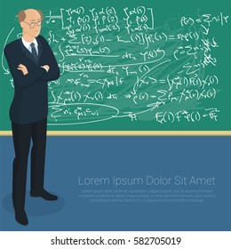 Math professor at the blackboard. Front view. Isometric 3d flat design vector people different characters, styles and professions, full length diverse acting poses collection.