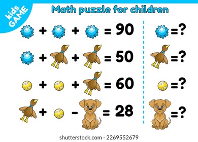 Math puzzle for children. Educational game for preschool and school kids. Logical exercises for training brain. Calculate numbers. Study algebra. Cartoon dog toys and puppy. Vector illustrations.