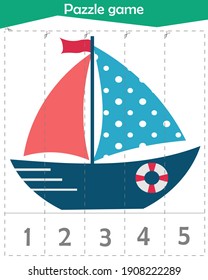 Math puzzle for children. We cut and play. We count to 5. Ship