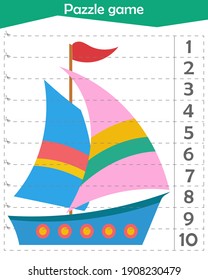 Math puzzle for children. We cut and play. We count to 10. Ship