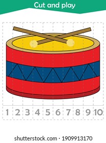 Math puzzle for children. We cut and collect. Count up to 10. Drum