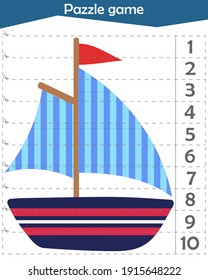 Math puzzle for children. We cut and play. We count to 10. Ship
