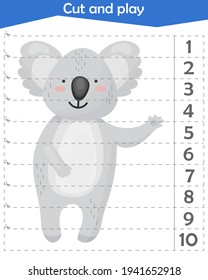 Math puzzle for children. We cut and collect. Account pinned to 10. Koala