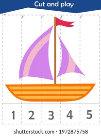 Math puzzle for children. We cut and play. We count to 5. Ship
