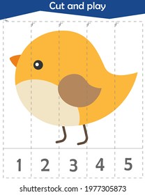 Math puzzle for children. We cut and play. We count to 5. Bird