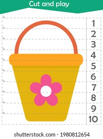 Rompecabezas matemático para los niños. Cortamos y jugamos. Contando hasta 10. Cubo de arena