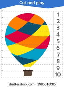Math puzzle for children. We cut and play. We count to 10. Balloon