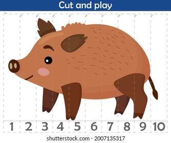 Math puzzle for children. We cut and play. We count to 10. Boar