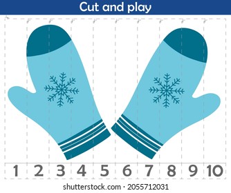 Math puzzle for children. We cut and play. We count to 10. Mittens