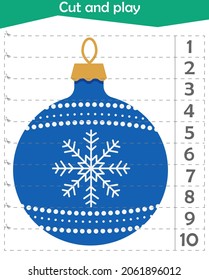 Math puzzle for children. We cut and play. We count to 10. Christmas toy