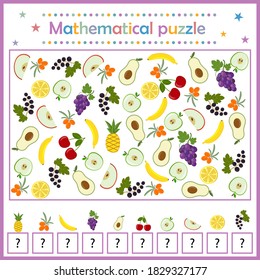 Math puzzle, fruit and berry puzzle game for children's development, count and write down the number, color vector illustration in flat style, education, entertainment, design, decoration