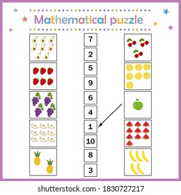 Math puzzle for math fruit, for children's development, color vector illustration flat style, education, score, tutorial design, clipart