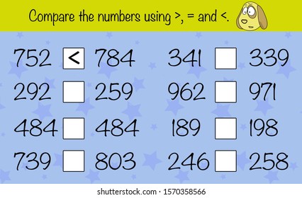 Math puzzle game for children. Compare the numbers. Preschool printable worksheet activity for kids. Education game, iq test, brain training