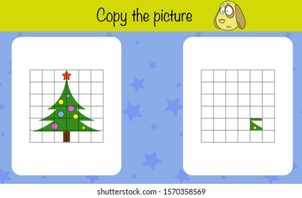 Math puzzle game for children. Copy the picture. Preschool printable worksheet activity for kids. Education game, iq test, brain training. Christmas edition