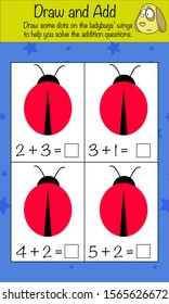 Math puzzle game for children. Draw and add. Preschool printable worksheet activity for kids. Education game, iq test, brain training