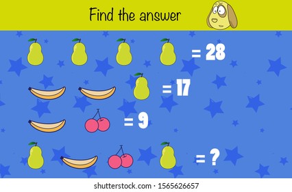 Math puzzle game for children. Find the answer. Preschool printable worksheet activity for kids. Education game, iq test, brain training