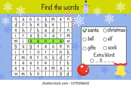 Math puzzle game for children. Find the words. Preschool printable worksheet activity for kids. Education game, iq test, brain training, christmas edition