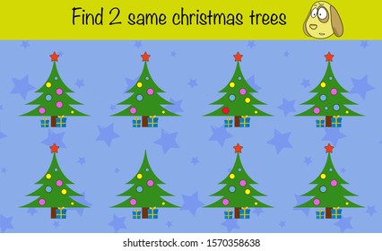 Math puzzle game for children. Find 2 same object. Preschool printable worksheet activity for kids. Education game, iq test, brain training, christmas edition