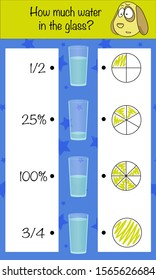 Math puzzle game for children. Match the fraction and the picture. Preschool printable worksheet activity for kids. Education game, iq test, brain training