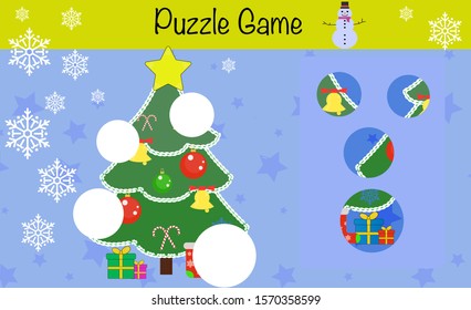Math puzzle game for children. Match the parts. Preschool printable worksheet activity for kids. Education game, iq test, brain training, christmas edition