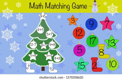 Math puzzle game for children. Math matchiung game. Preschool printable worksheet activity for kids. Education, iq test, brain training, christmas edition