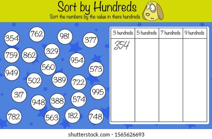 Math Puzzle Game For Children. Sort Bumbers By Hundreds. Preschool Printable Worksheet Activity For Kids. Education Game, Iq Test, Brain Training