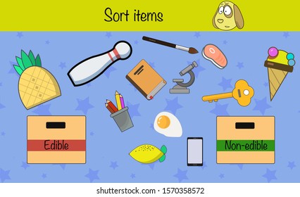 Math puzzle game for children. Sort items. Preschool printable worksheet activity for kids. Education game, iq test, brain training