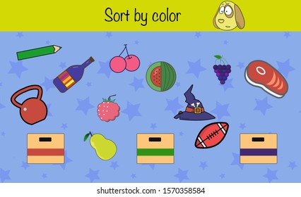 Math puzzle game for children. Sort by color. Preschool printable worksheet activity for kids. Education game, iq test, brain training
