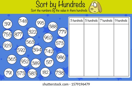 Math puzzle game for children. Sort numbers. Preschool printable worksheet activity for kids. Education game, iq test, brain training