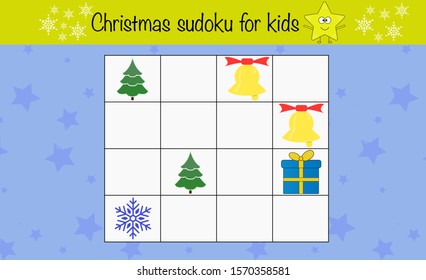 Math puzzle game for children. Sudoku. Preschool printable worksheet activity for kids. Education game, iq test, brain training, christmas edition