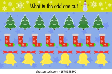 Math puzzle game for children. What the off one out. Preschool printable worksheet activity for kids. Education game, iq test, brain training, christmas edition