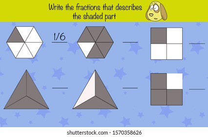 Math puzzle game for children. Write the fractions. Preschool printable worksheet activity for kids. Education game, iq test, brain training