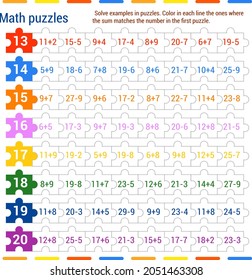 Math puzzle game. Solve the examples in the jigsaw puzzles. Color in each row the ones in which the sum matches the number in the first puzzle