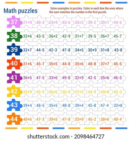 Math puzzle game. Solve the examples in the jigsaw puzzles. Color in each row the ones in which the sum matches the number in the first puzzle
