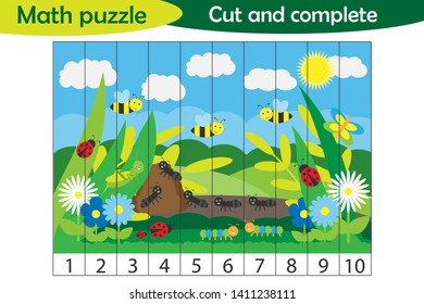 Math puzzle, glade with insects in cartoon style, education game for development of preschool children, use scissors, cut parts of the image and complete the picture, vector illustration