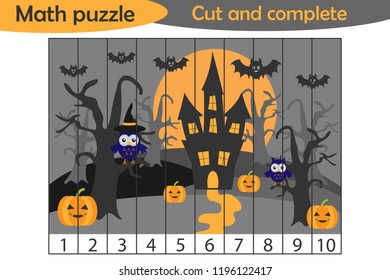 Math puzzle, halloween picture in cartoon style, education game for development of preschool children, use scissors, cut parts of the image and complete the picture, vector illustration