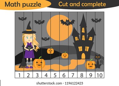 Math puzzle, halloween picture with witch in cartoon style, education game for development of preschool children, use scissors, cut parts of the image and complete the picture, vector illustration
